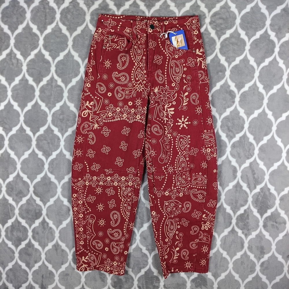 Barrel Leg Jeans Women Size XS Red Rust Bandana Print Western Boho